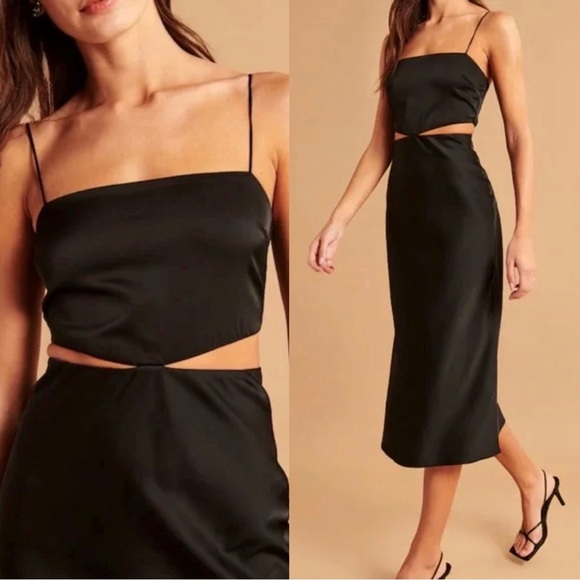 A&F • Side Cutout Slip Midi Dress black satin spaghetti strap 90s lingerie - Picture 5 of 12